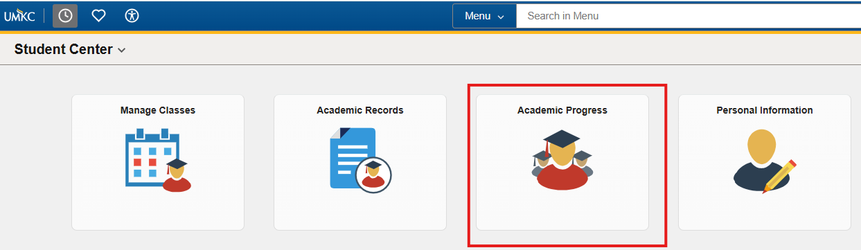 Student Center in Pathway containing multiple tiles, one of which is the Academic Progress tile. This tile has a red square around it for emphasis.