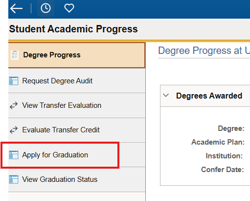 Screenshot of the Student Academic Progress page in Pathway, with the left-hand navigation item for "apply for graduation" circled for emphasis