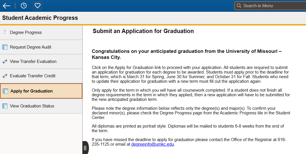 Screenshot of the information page obtained in Pathway by clicking to apply for graduation
