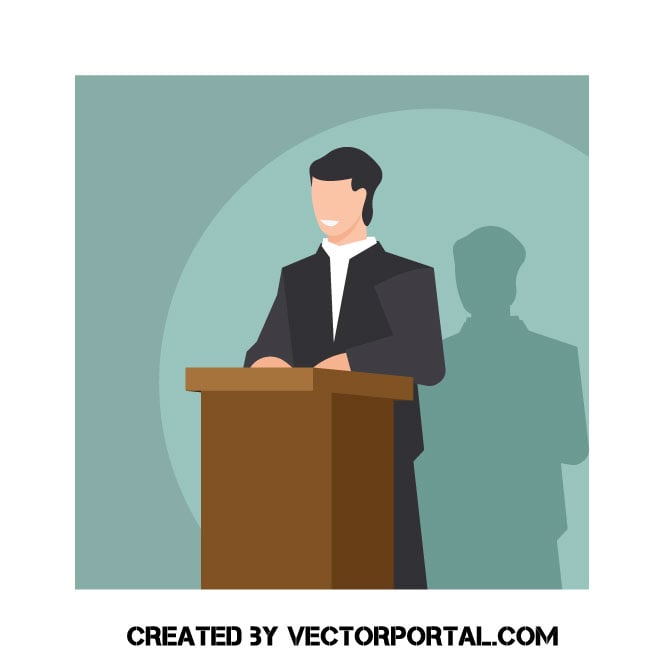 Animated sketch of a man in a business suit, standing at a podium, with a spotlight on him, presumably about to give a presentation